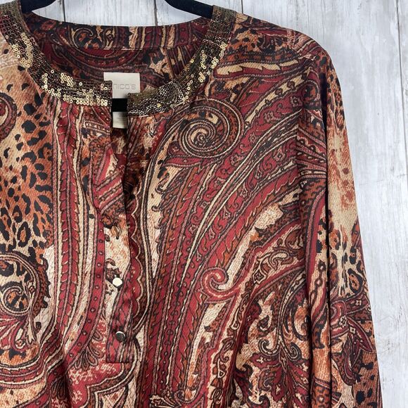Chicos Top Women 1 US M Multi Animal Paisley Satin Sequin Neck Blouse Tie Hem - Picture 2 of 10